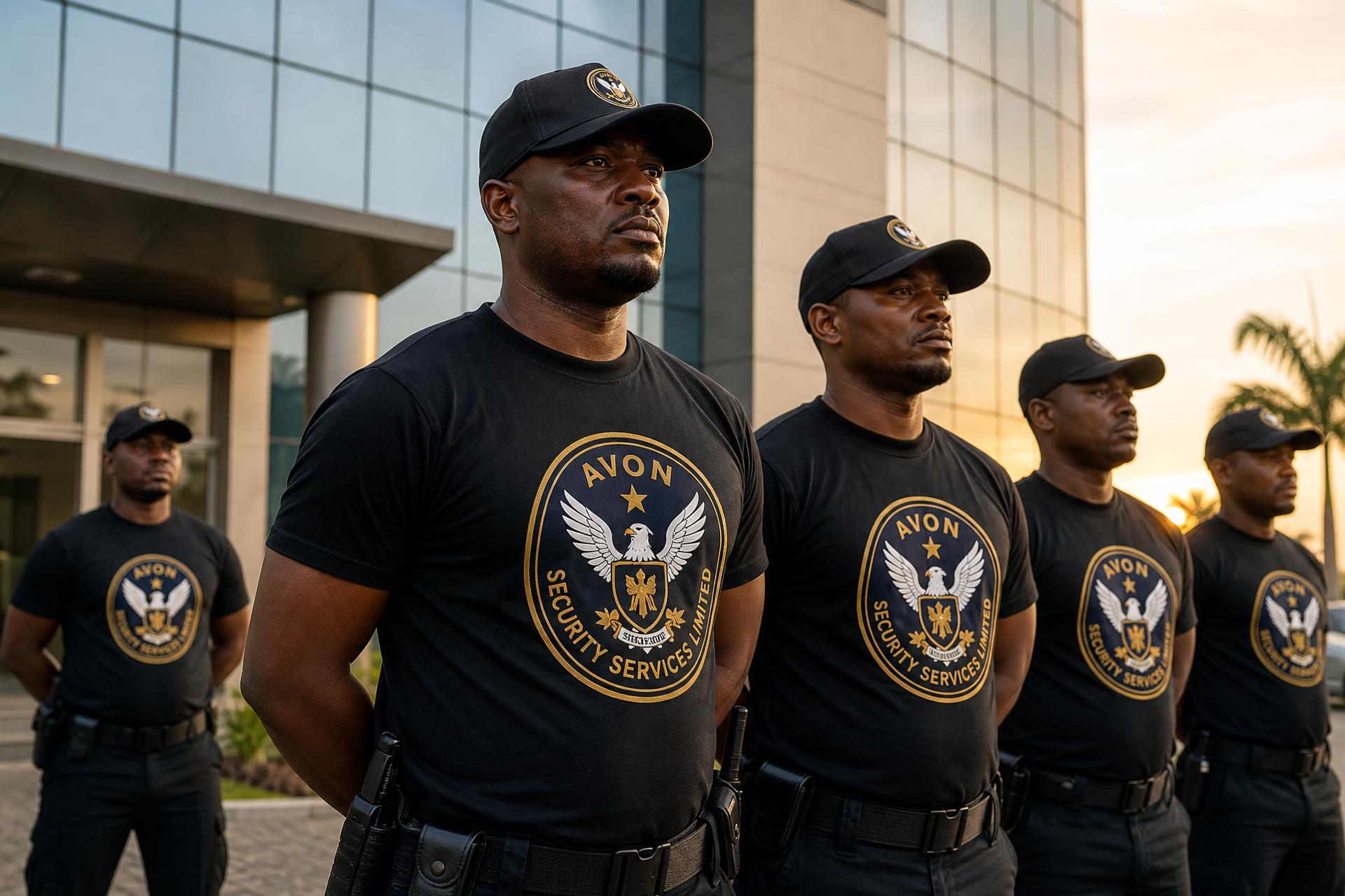 Avon Security Services officers in full uniform outside the AVON SECURITY SERVICES LIMITED office in Asaba, Delta State