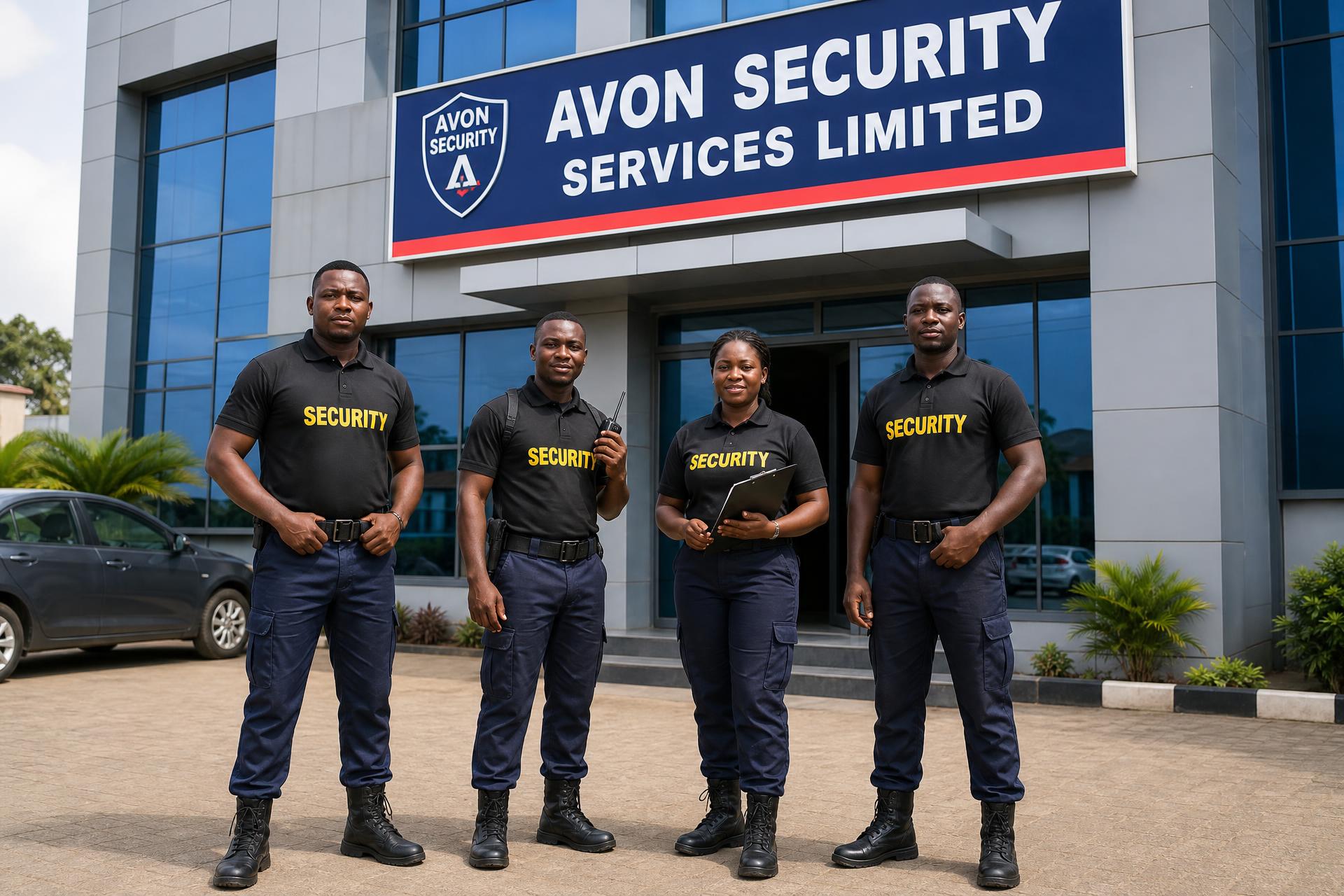 Avon Security Services officers in full uniform outside the AVON SECURITY SERVICES LIMITED office in Asaba, Delta State